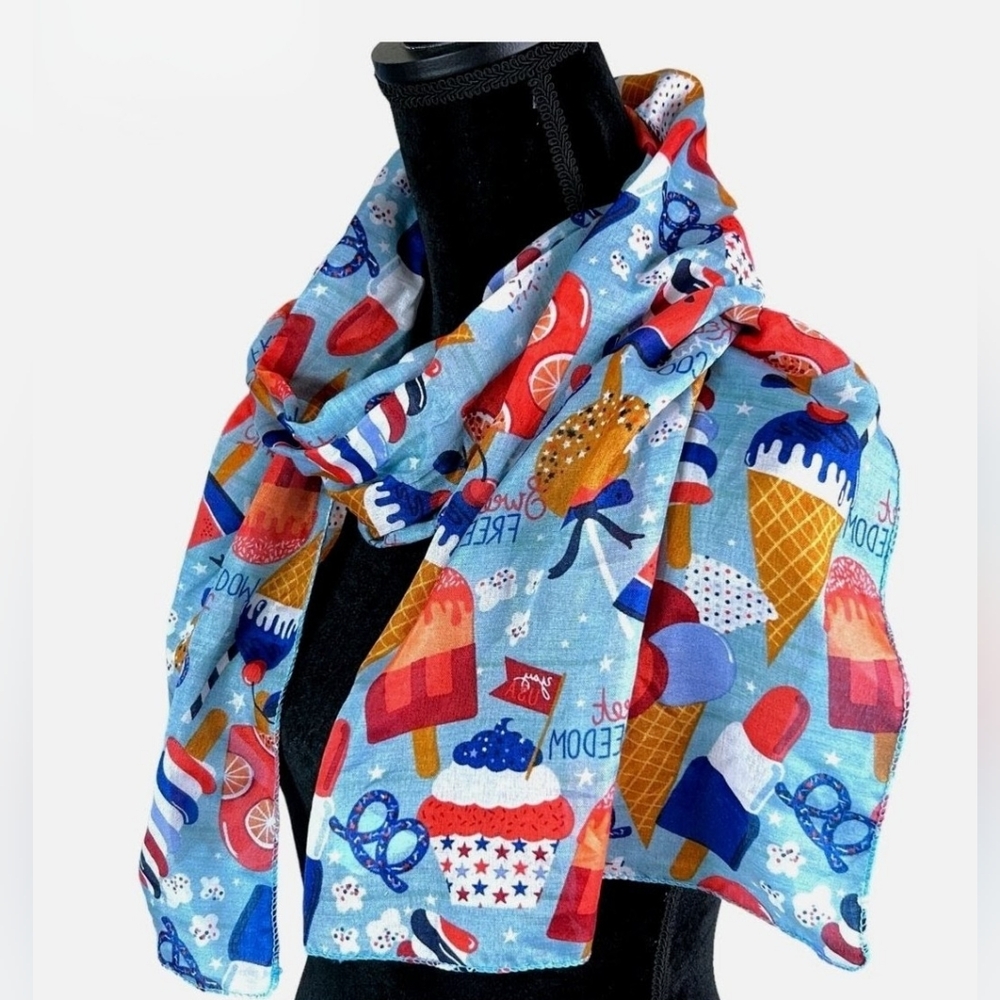 Patriotic Red White & Blue Colorful Lightweight Patterned Scarf New With Tags - Picture 4 of 7